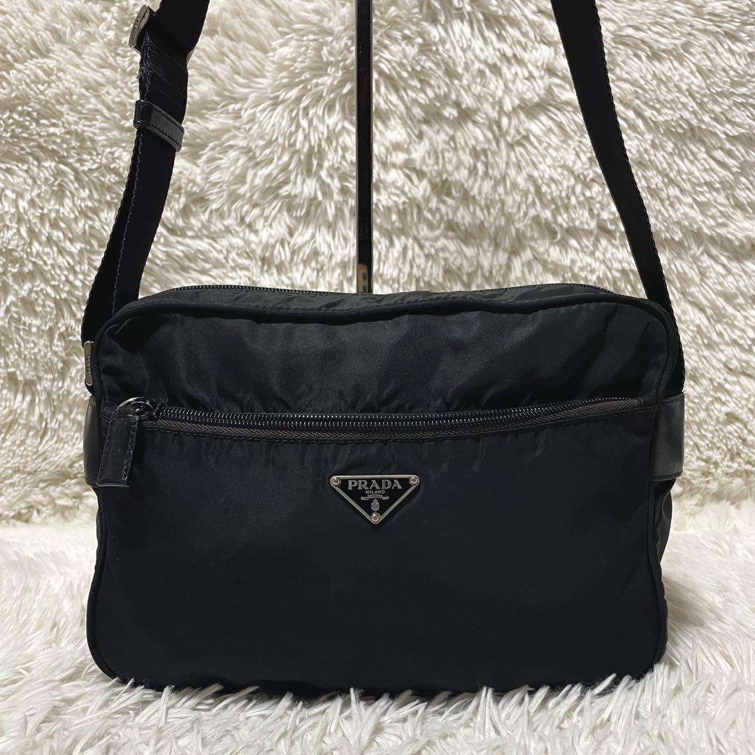 【良品】PRADA プラダ　カメラバッグ　ナイロン　レザー　ブラック　斜め掛け