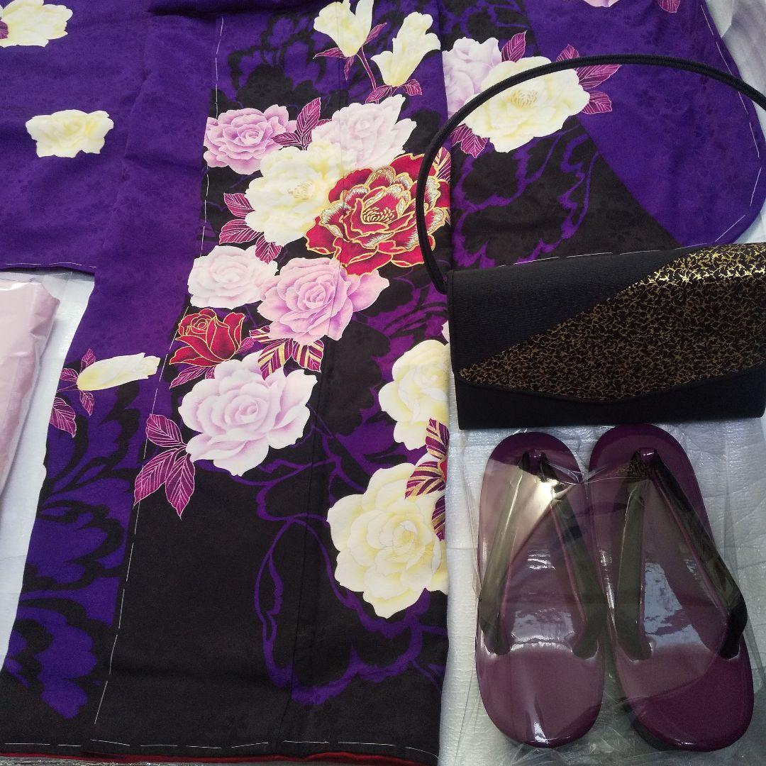 まいちー 紫黒薔薇正絹振袖一式フルセット袋帯帯締め帯揚げ 半襟重ね襟成人式