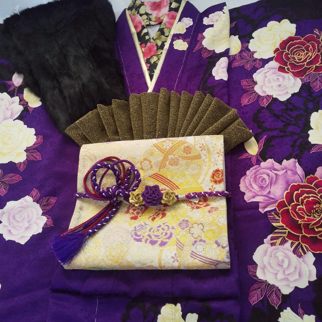 まいちー 紫黒薔薇正絹振袖一式フルセット袋帯帯締め帯揚げ 半襟重ね襟成人式