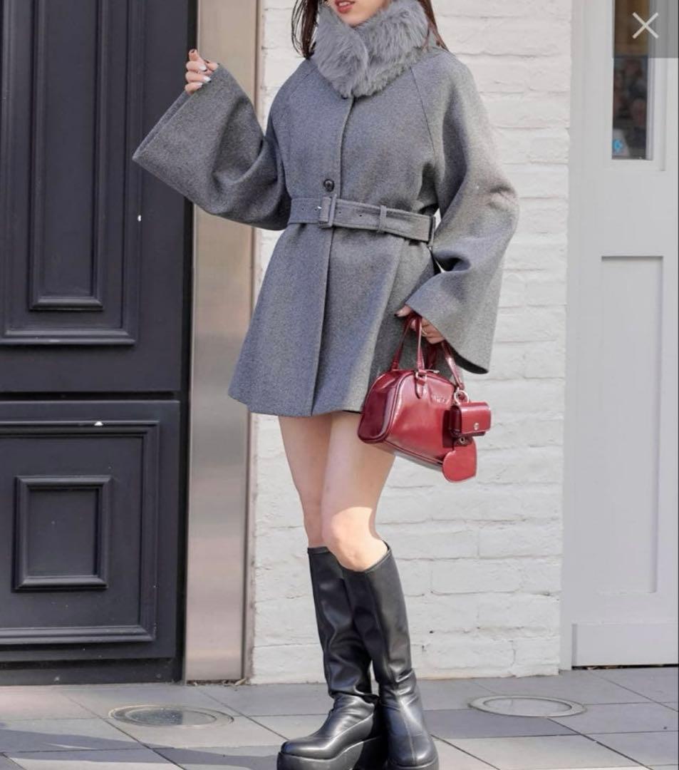 chico ファー取り外しケープコート　グレー