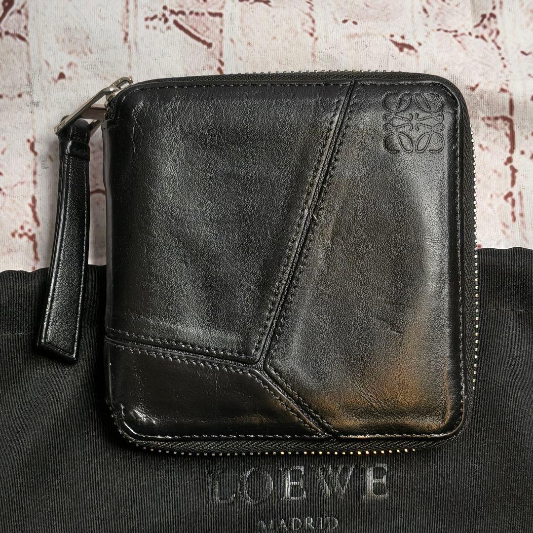 【美品】ロエベ 二つ折財布 パズル コンパクトジップウォレット アナグラム／黒A