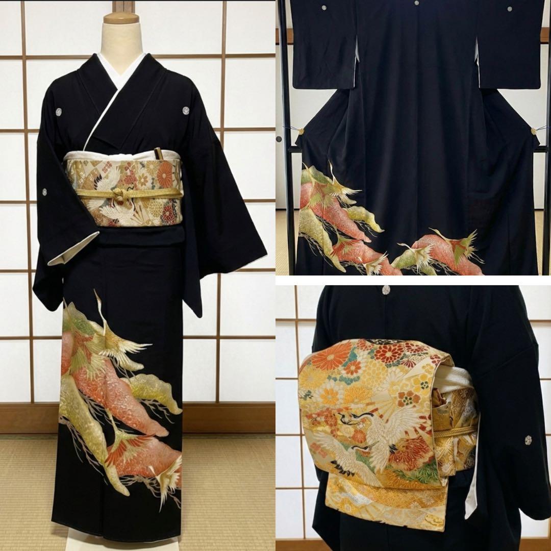 美品　黒留袖　総柄　袋帯　鶴　4点フルセット　結婚式　比翼仕立て　礼装　着物