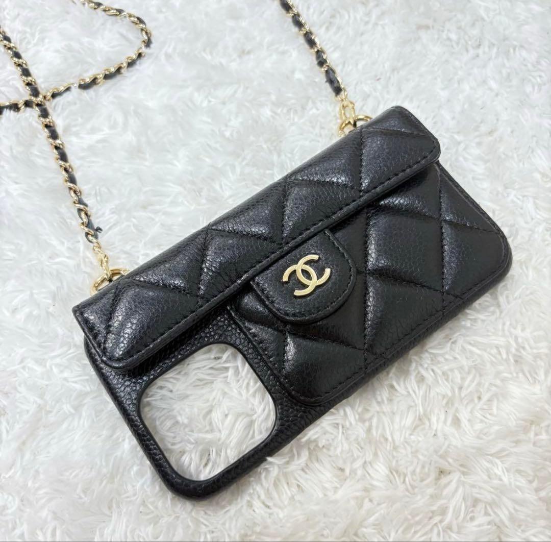 未使用級 シャネル iPhone14Proスマホケースキャビアスキン マトラッセ