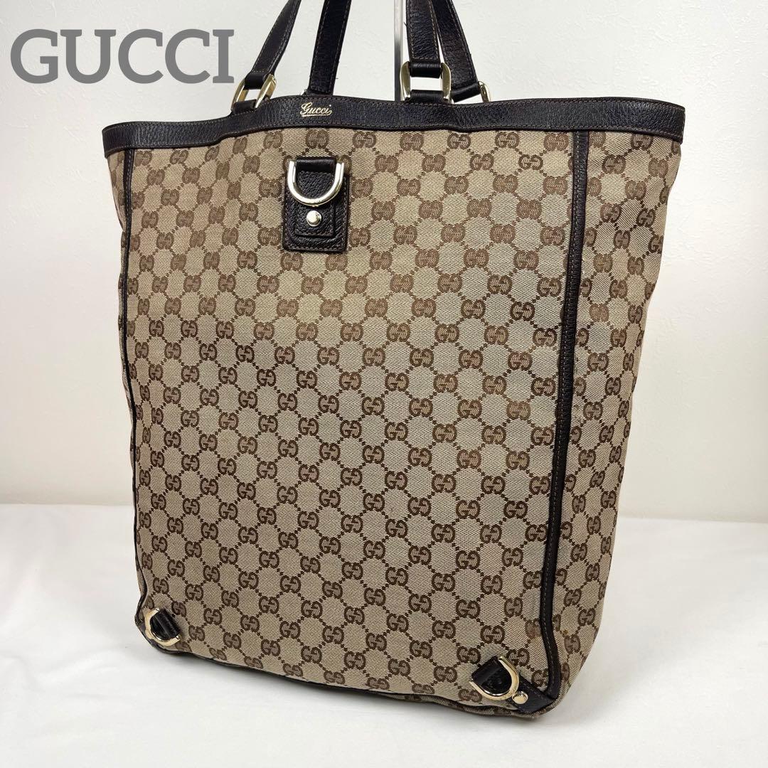 グッチ　トートバッグ　アビー　GGキャンバス　ロゴ総柄　プリント　レザー　極美品