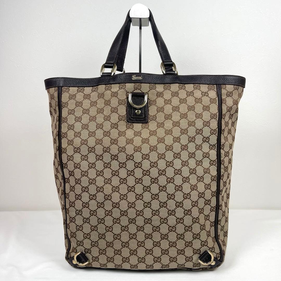 グッチ　トートバッグ　アビー　GGキャンバス　ロゴ総柄　プリント　レザー　極美品