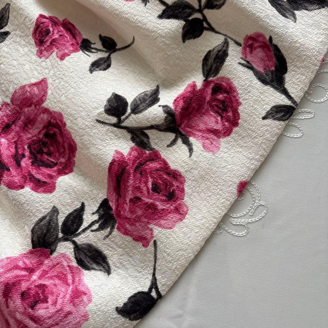 エムズグレイシー　袖ニットドッキングワンピース　ローズ柄ピンク系　38