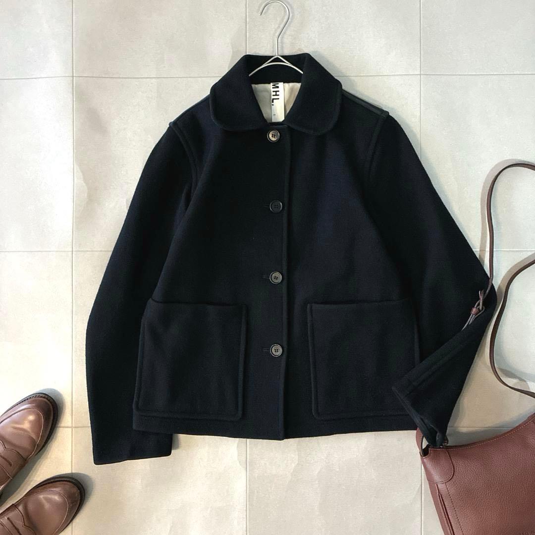 美品 MHL.♡英国製 ウール メルトン ショートコート ブラック 異素材
