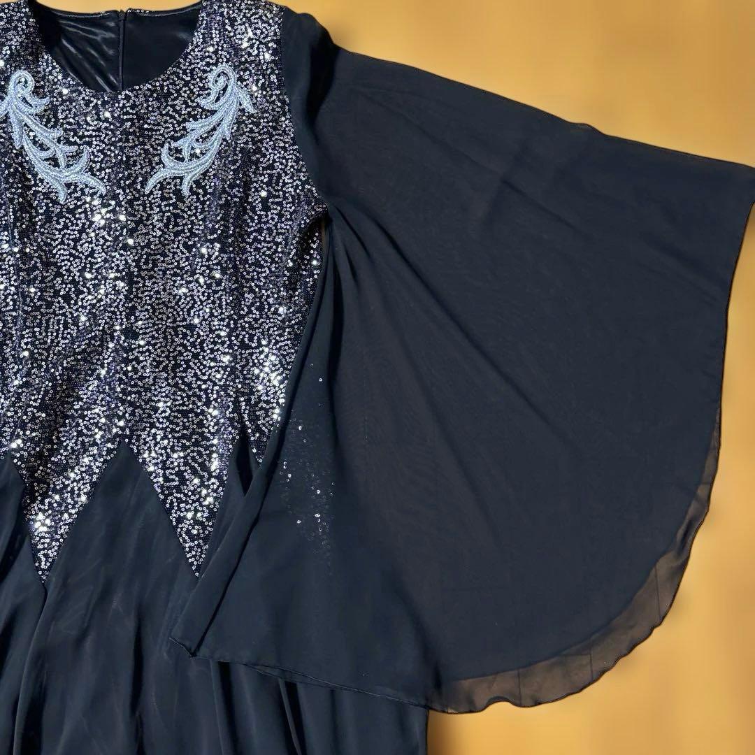 スパンコール刺繍付き ブラック ロングドレス カラオケ衣装 シフォン生地
