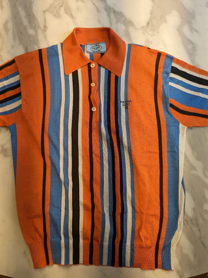 極美品　PRADA　ポロシャツ　シルク100% ロゴ刺繍　ストライプ　伸縮　光沢