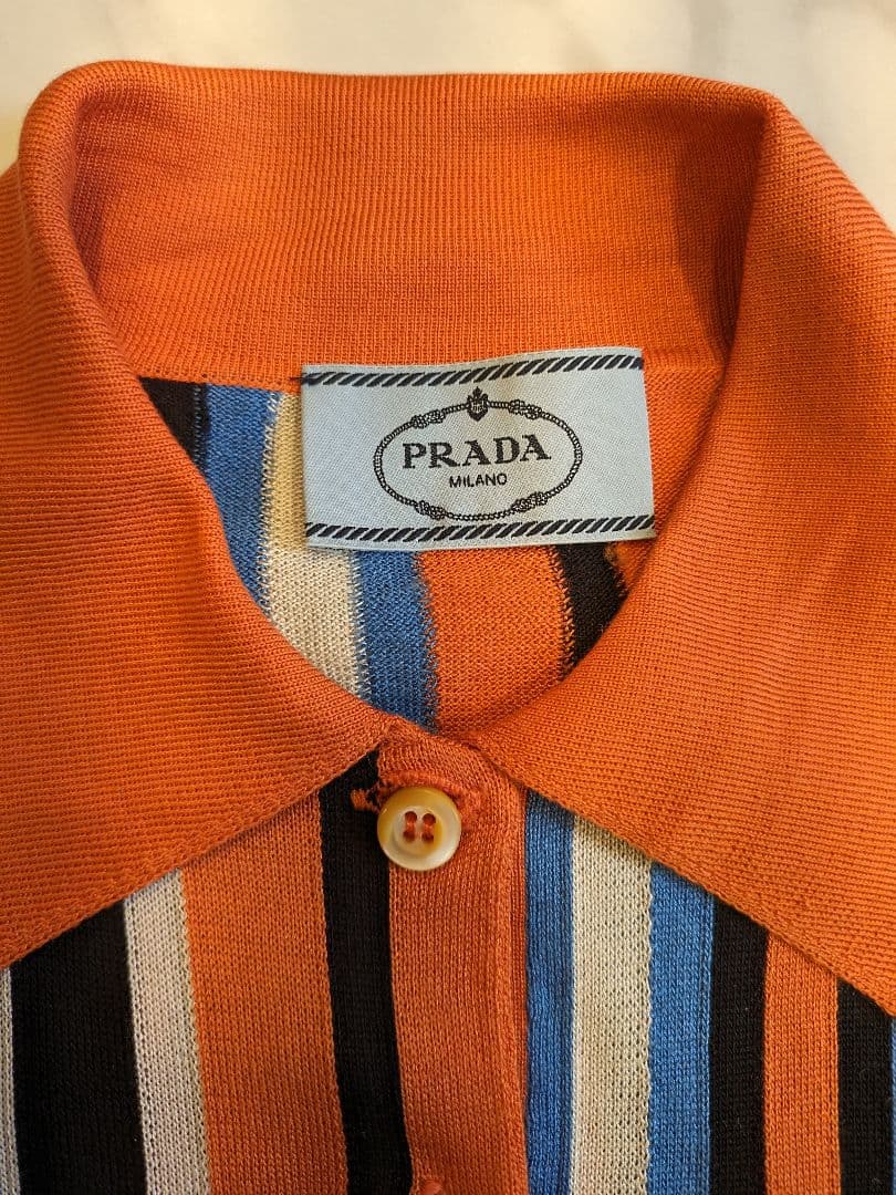 極美品　PRADA　ポロシャツ　シルク100% ロゴ刺繍　ストライプ　伸縮　光沢