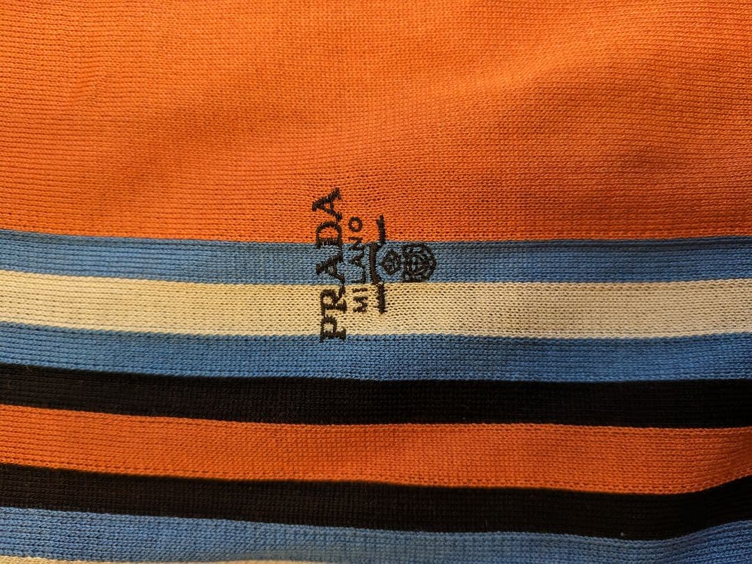 極美品　PRADA　ポロシャツ　シルク100% ロゴ刺繍　ストライプ　伸縮　光沢