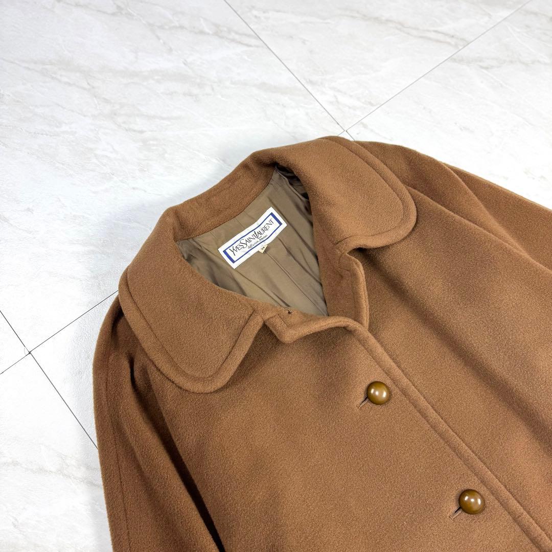 美品 イヴサンローラン 丸襟 ウール ロングコート ブラウン M