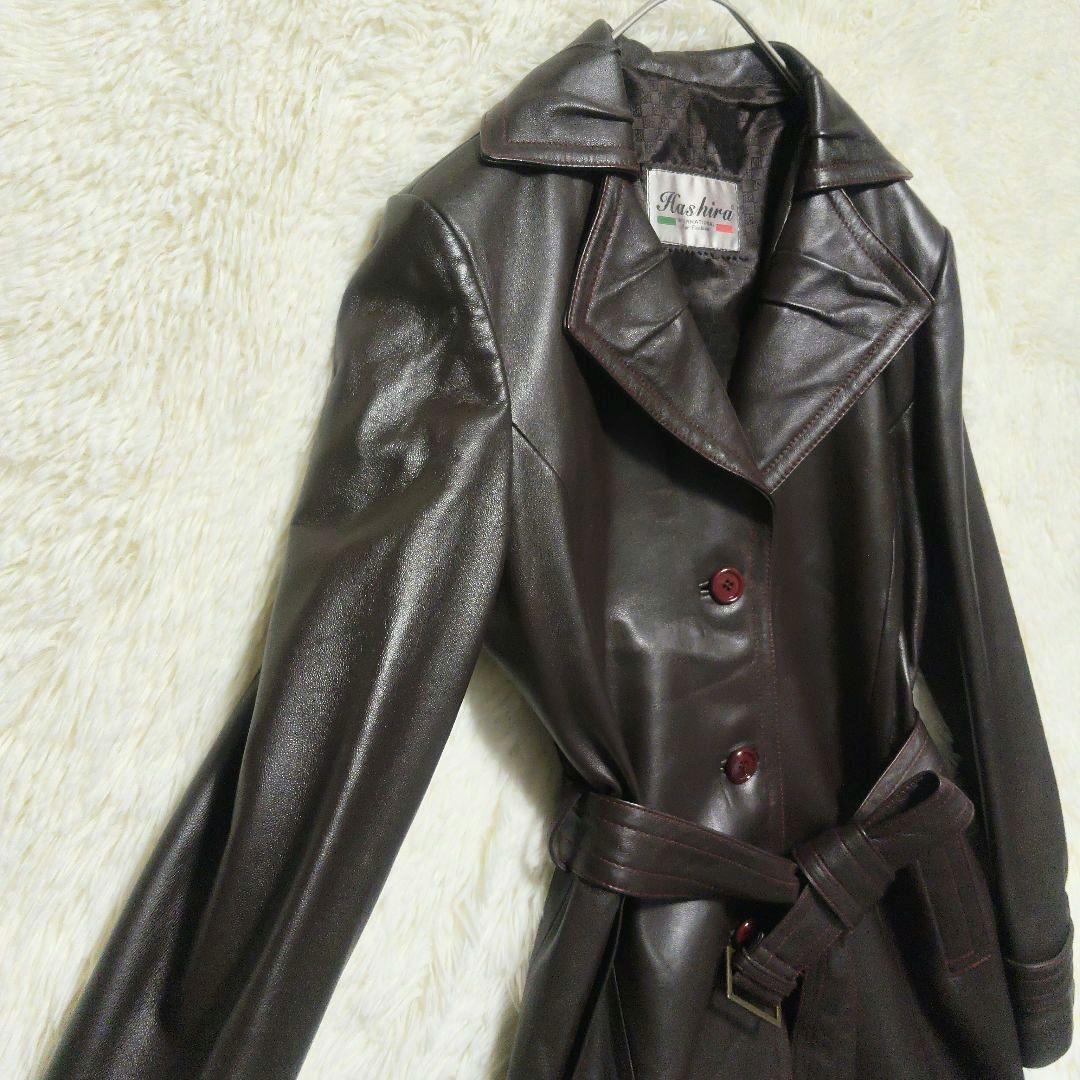 ヴィンテージ　トレンチコート　本革　レザー　ベルト付き　ロングコート　総柄