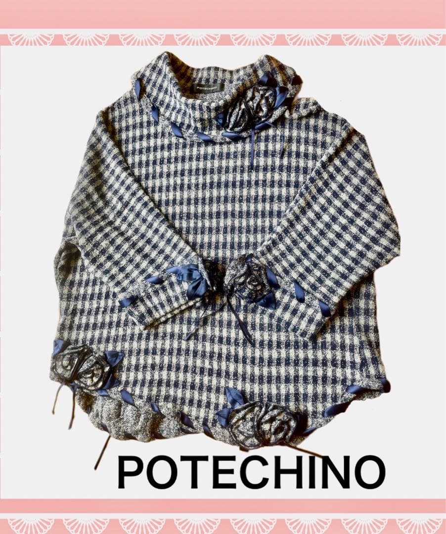 ♦︎さえら　ポテチーノ♦︎ チェック柄お花モチーフ　ドルマンスリーブトップス