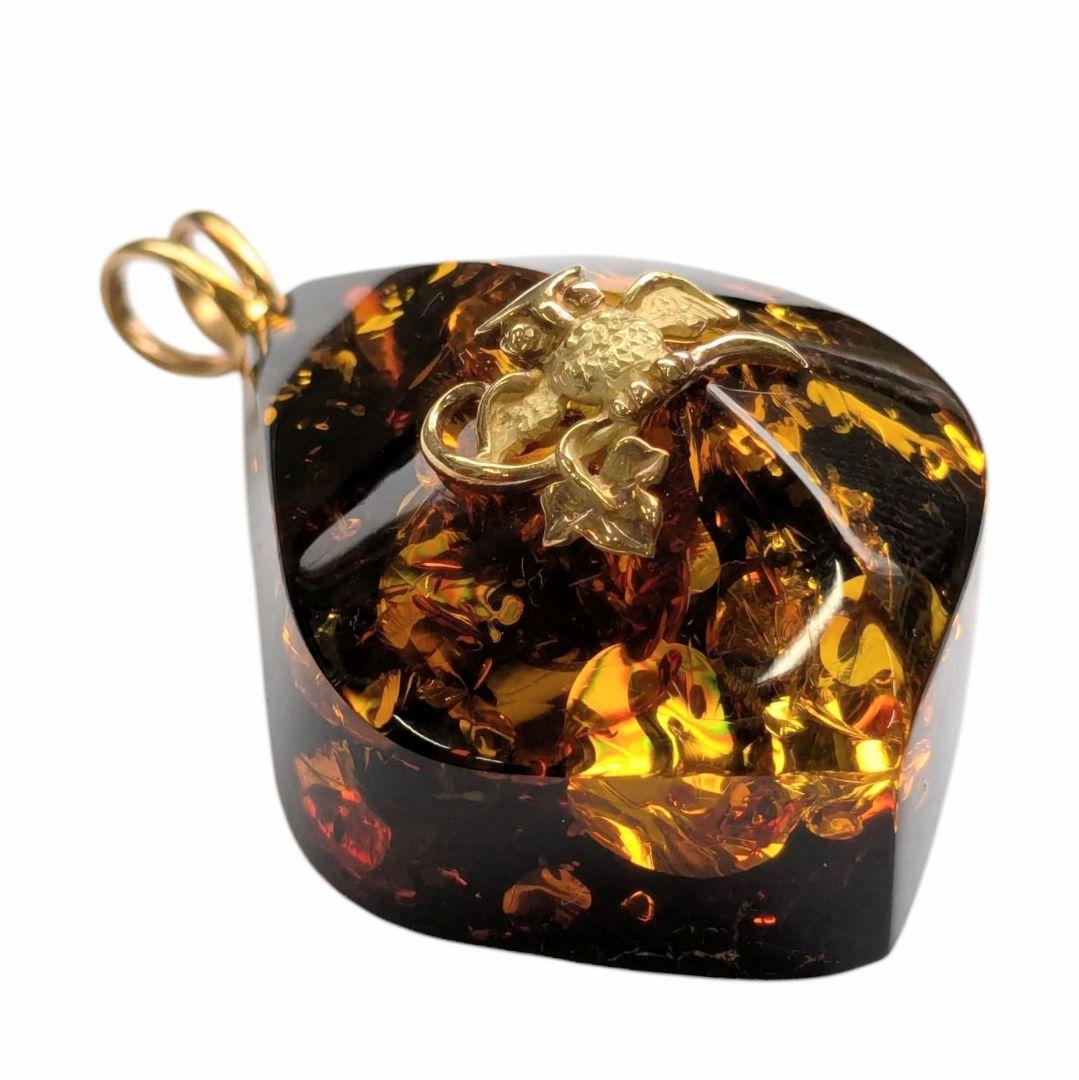 琥珀 ネックレストップ K18 バチカン フクロウ 梟 ネックレス アンバー