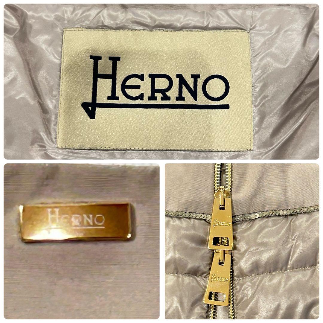 美品✨HERNO ダウンコート スパンコール切替 ノーカラー ベージュ 42