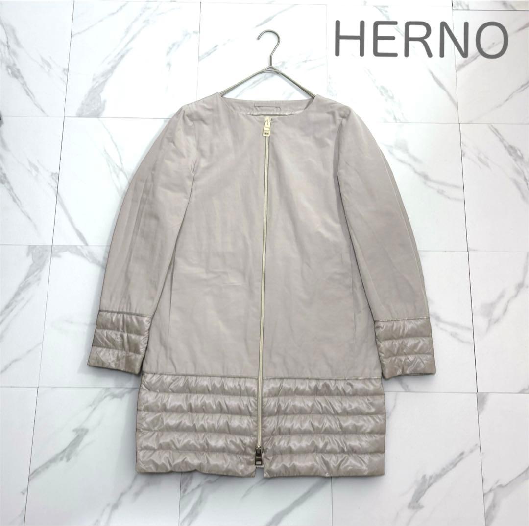 美品✨HERNO ダウンコート スパンコール切替 ノーカラー ベージュ 42