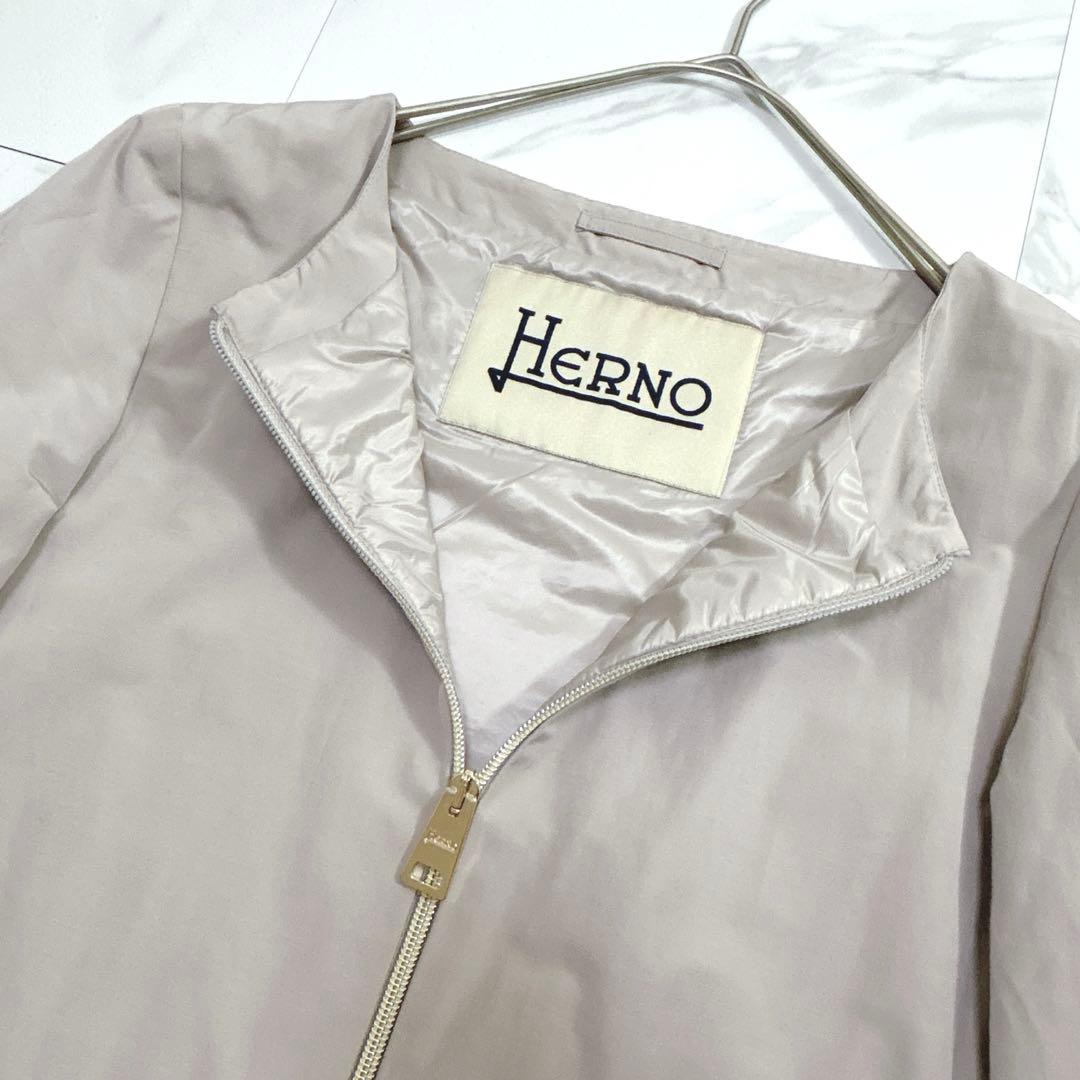 美品✨HERNO ダウンコート スパンコール切替 ノーカラー ベージュ 42