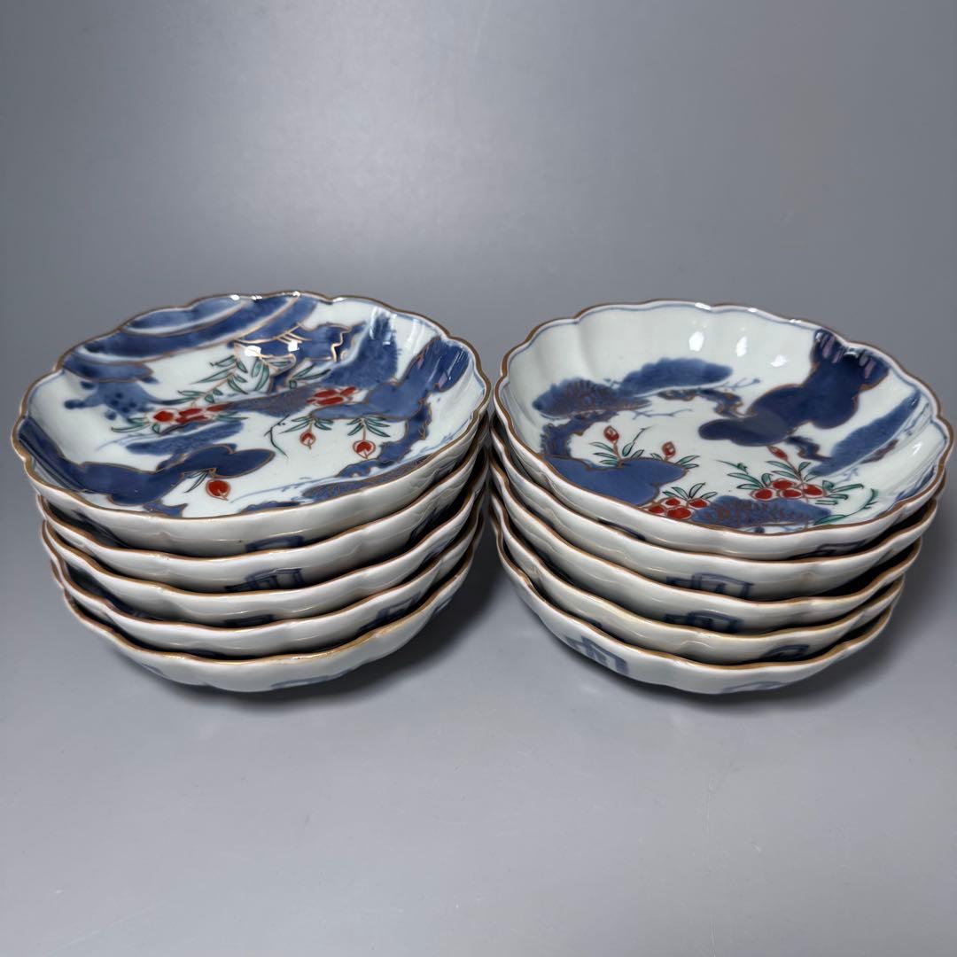 古伊万里　染錦松文様なます皿　10客　ホタルの窯印　江戸期　直径15.3cm