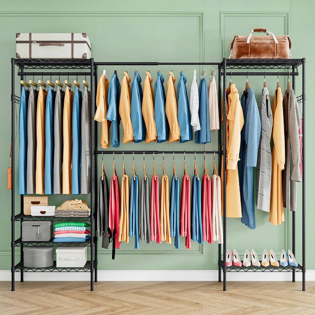 ハンガーラック 幅調整可 伸縮式ワードローブ メタルラック 棚板高さ調節