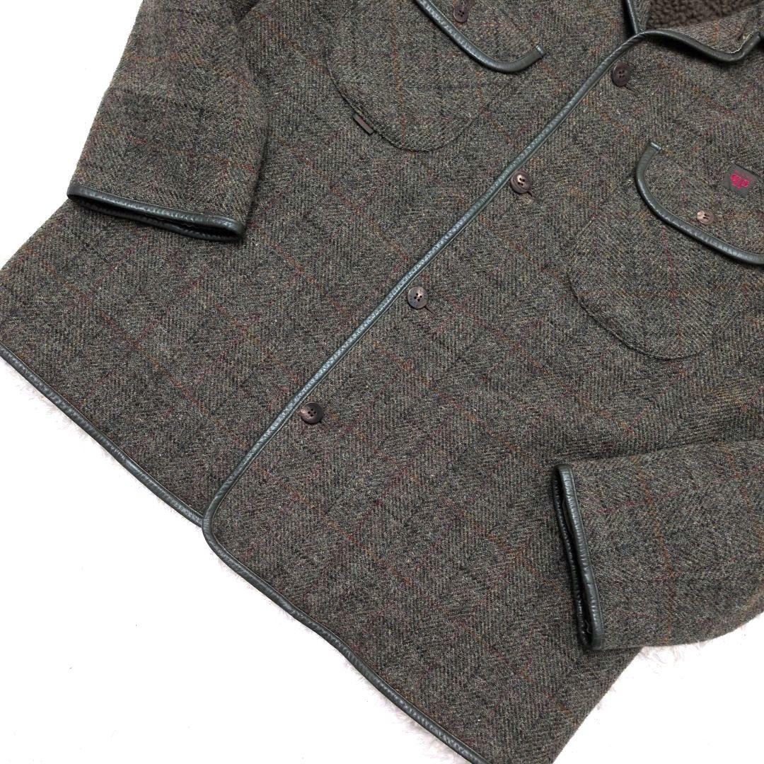 【未使用級 L】パパス　ハリスツイード　ハーフコート　裏ボア　レザーパイピング