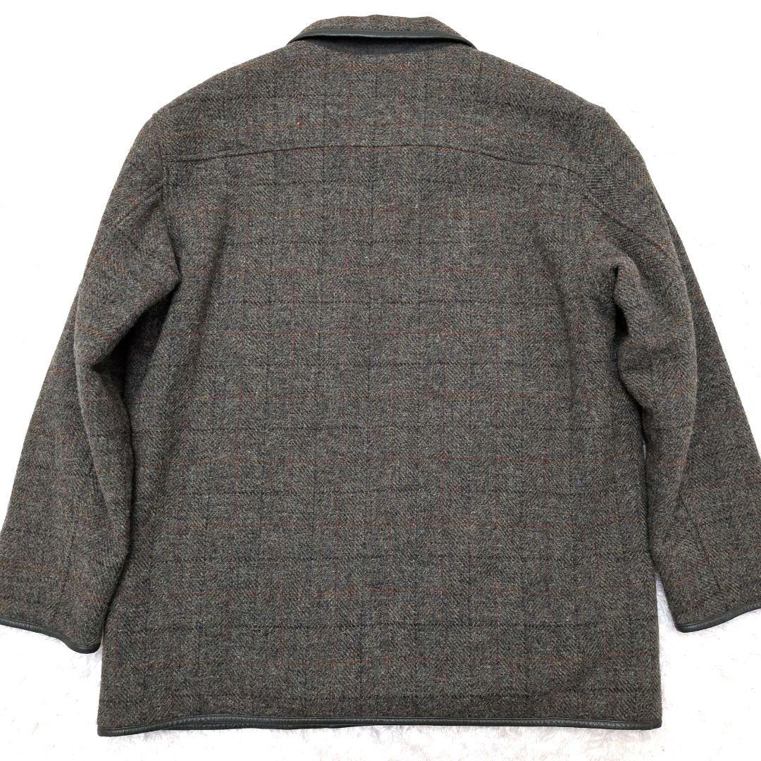 【未使用級 L】パパス　ハリスツイード　ハーフコート　裏ボア　レザーパイピング