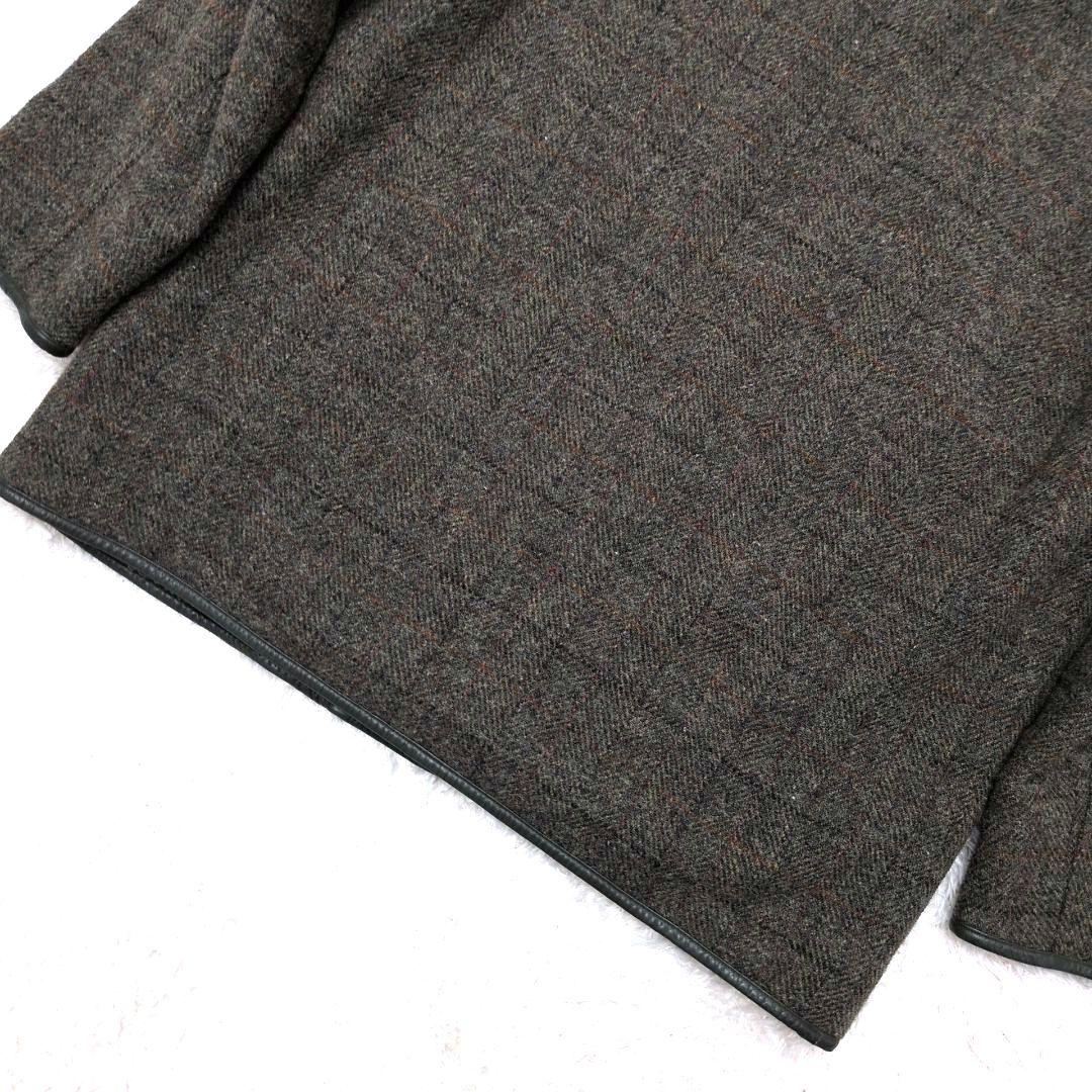 【未使用級 L】パパス　ハリスツイード　ハーフコート　裏ボア　レザーパイピング