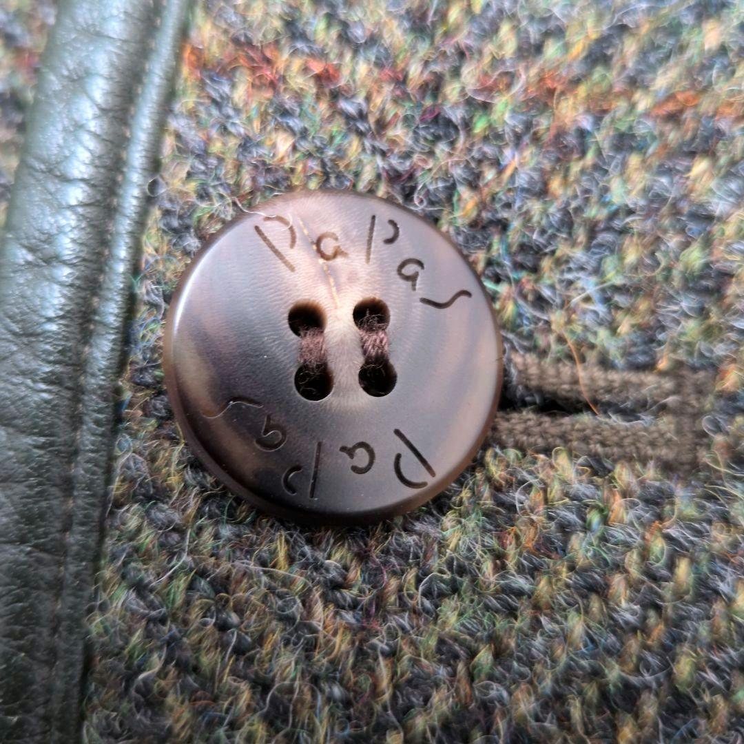 【未使用級 L】パパス　ハリスツイード　ハーフコート　裏ボア　レザーパイピング