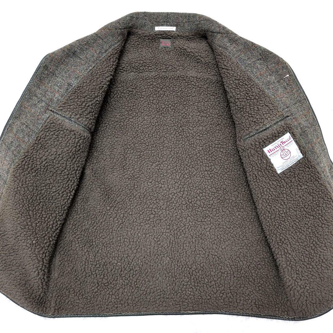 【未使用級 L】パパス　ハリスツイード　ハーフコート　裏ボア　レザーパイピング