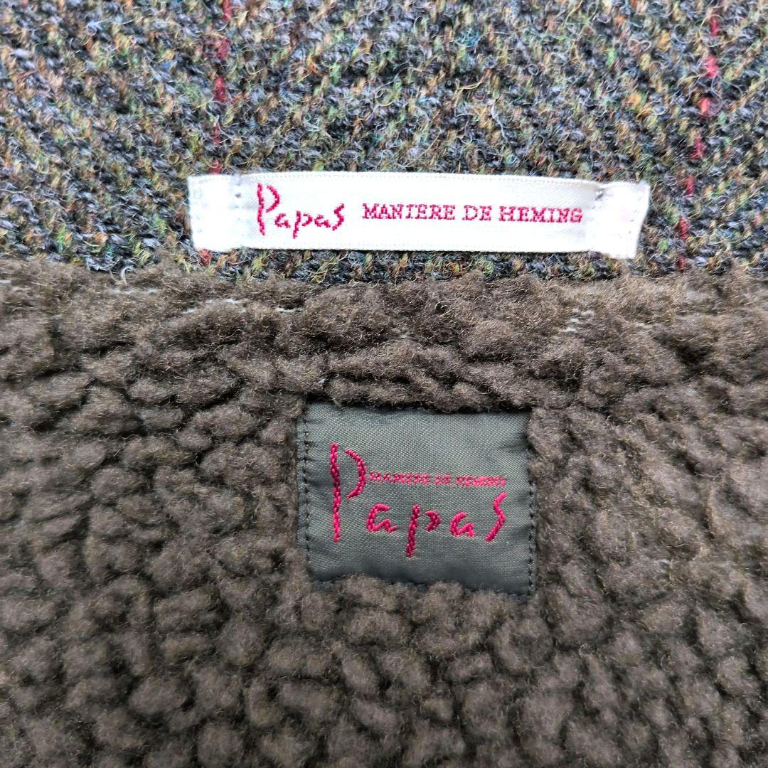 【未使用級 L】パパス　ハリスツイード　ハーフコート　裏ボア　レザーパイピング