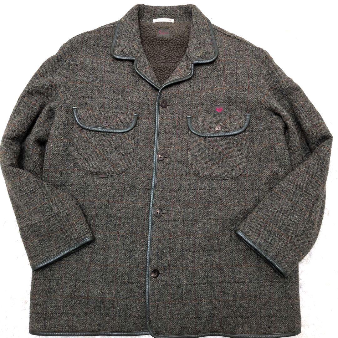 【未使用級 L】パパス　ハリスツイード　ハーフコート　裏ボア　レザーパイピング