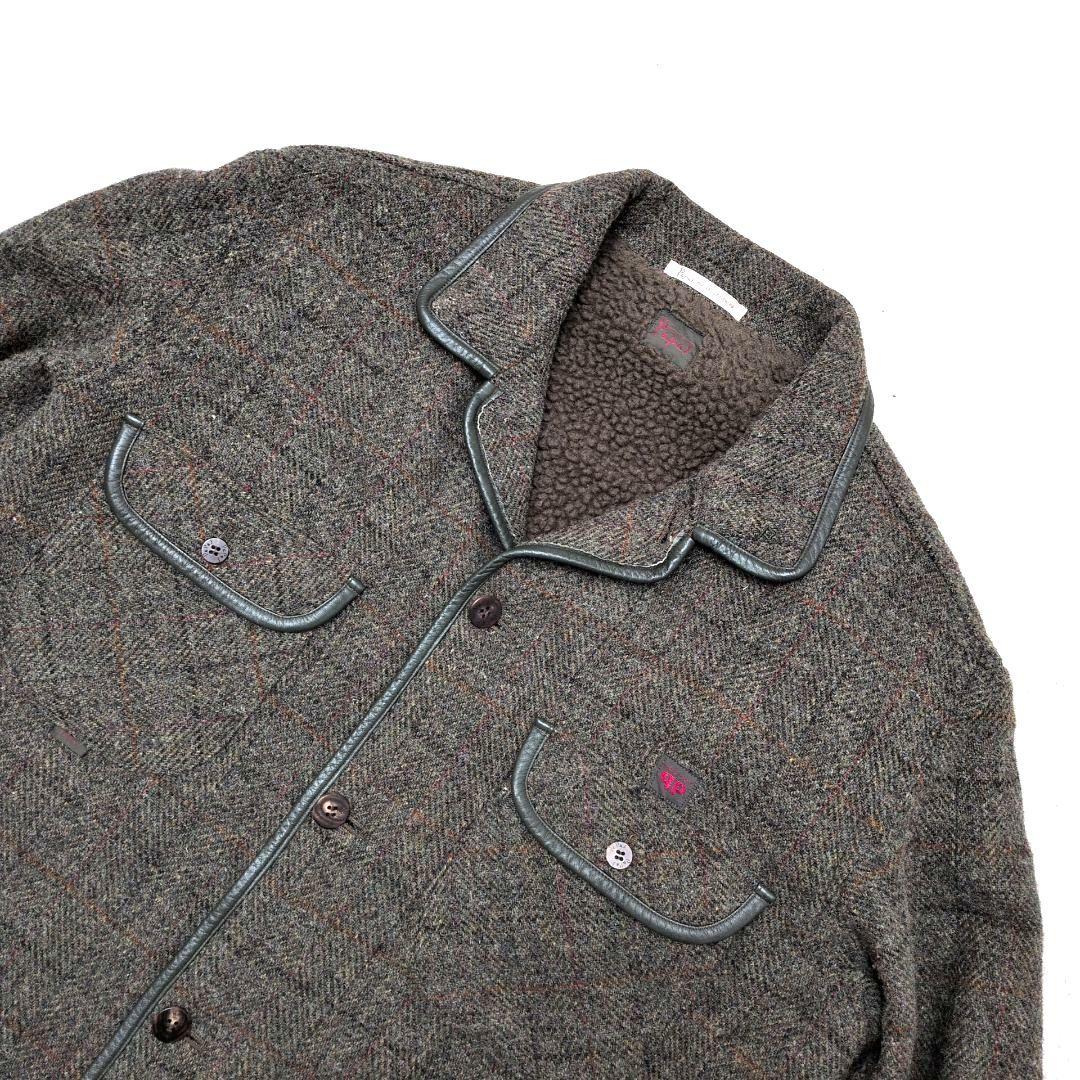 【未使用級 L】パパス　ハリスツイード　ハーフコート　裏ボア　レザーパイピング