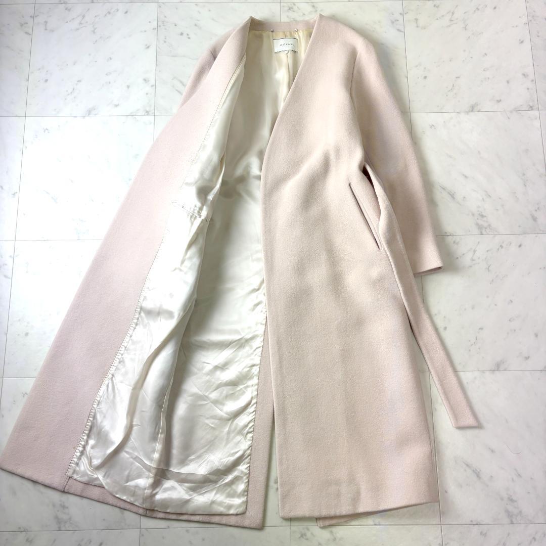 BEIGE, アンゴラ ウール M ノーカラー ロングコート ベルテッドコート