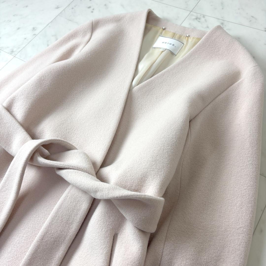 BEIGE, アンゴラ ウール M ノーカラー ロングコート ベルテッドコート