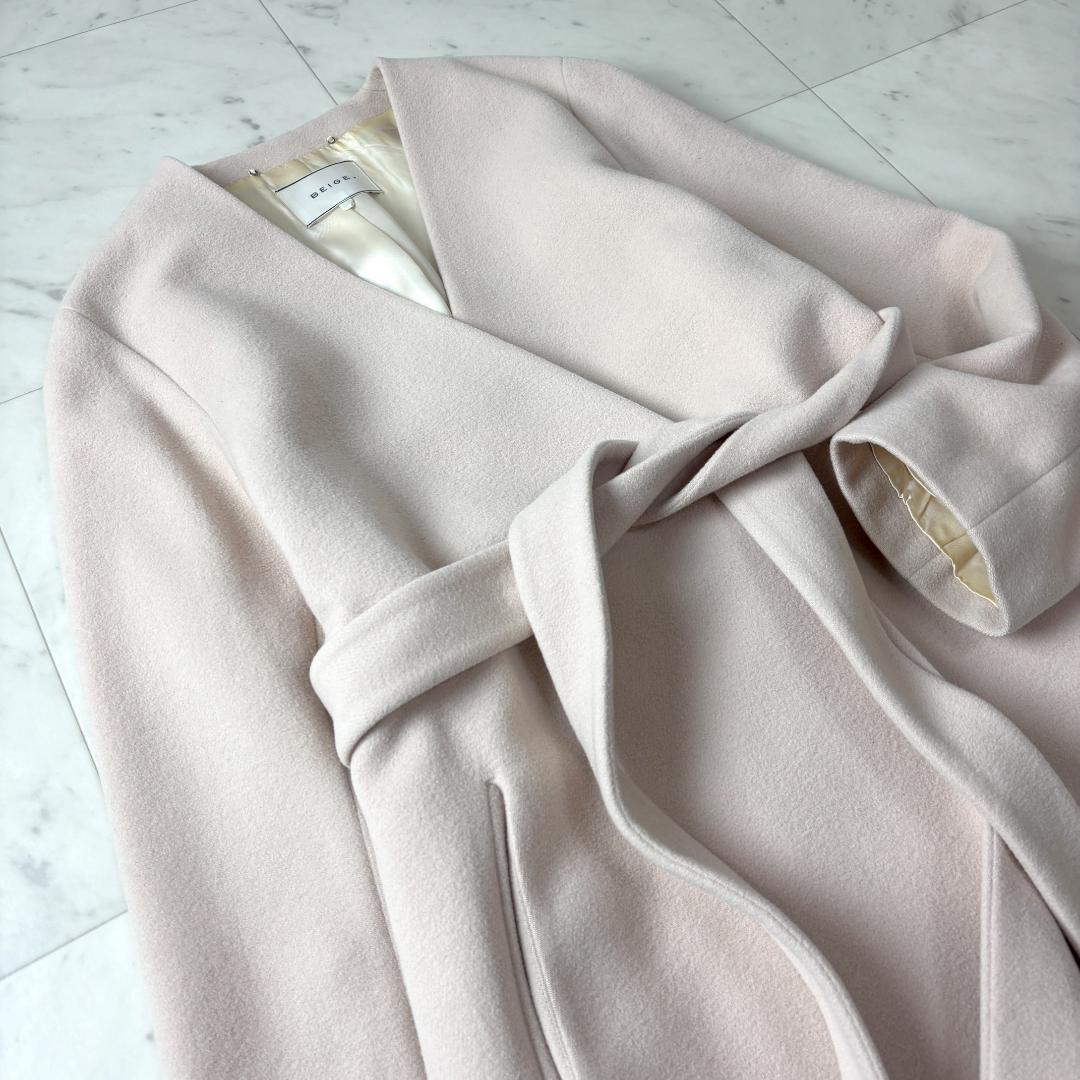 BEIGE, アンゴラ ウール M ノーカラー ロングコート ベルテッドコート