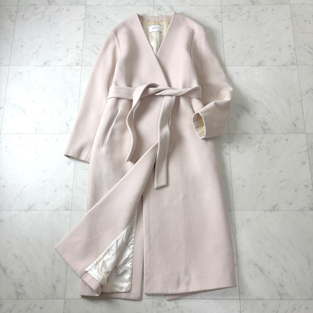 BEIGE, アンゴラ ウール M ノーカラー ロングコート ベルテッドコート