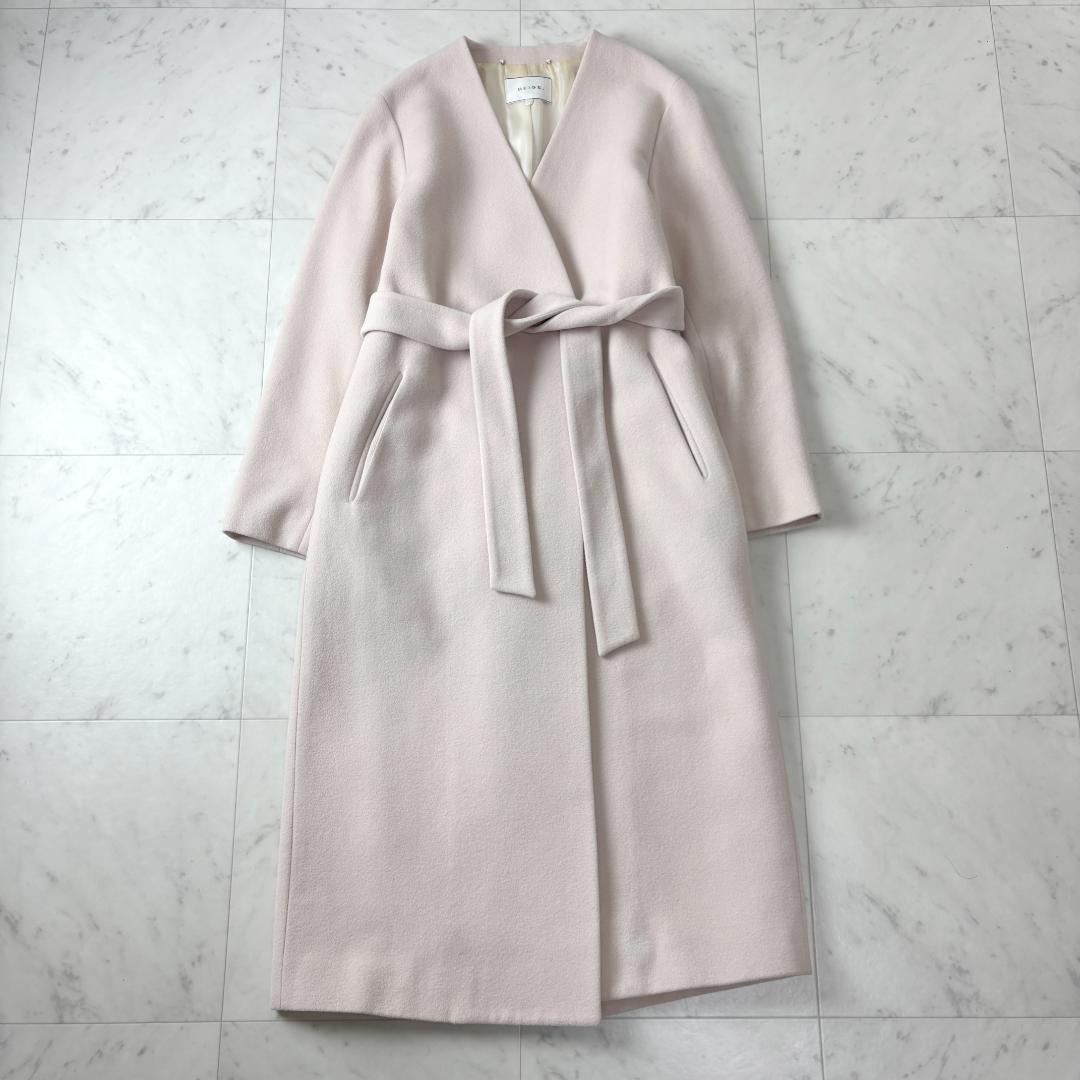 BEIGE, アンゴラ ウール M ノーカラー ロングコート ベルテッドコート