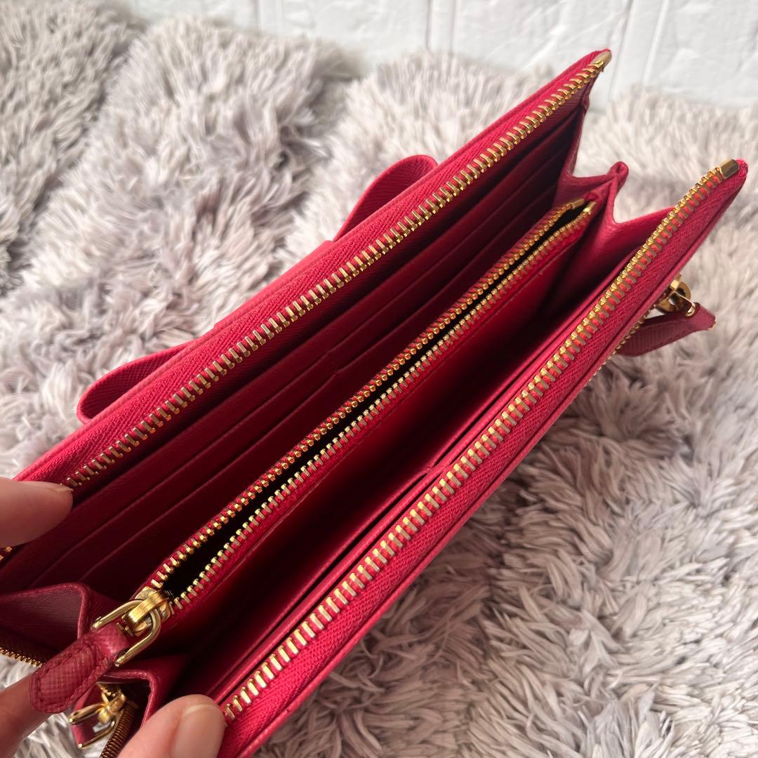 美品✨プラダ　L字ファスナー　サフィアーノ　長財布　フィオッコ　リボン　ピンク