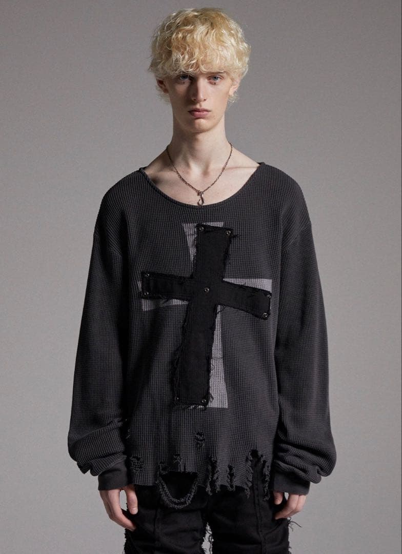 【GRANCY】クロスパッチダメージサーマルロンT グレー/M