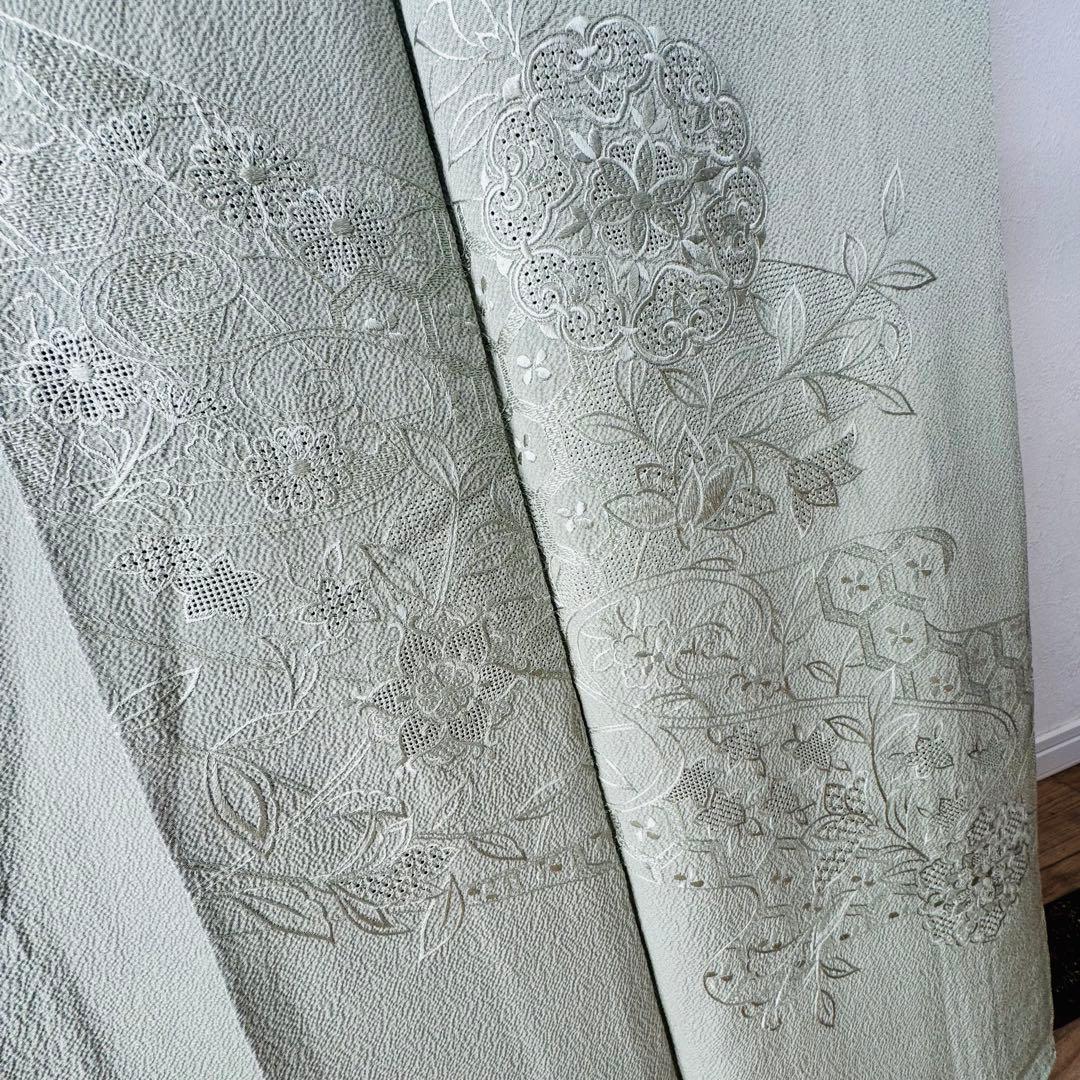 超美品　正絹　現代　広襟　訪問着　付け下げ　着物　160裄64 縮緬　汕頭刺繍