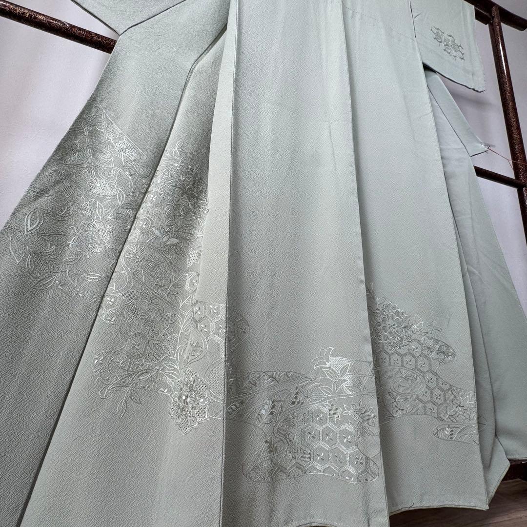 超美品　正絹　現代　広襟　訪問着　付け下げ　着物　160裄64 縮緬　汕頭刺繍