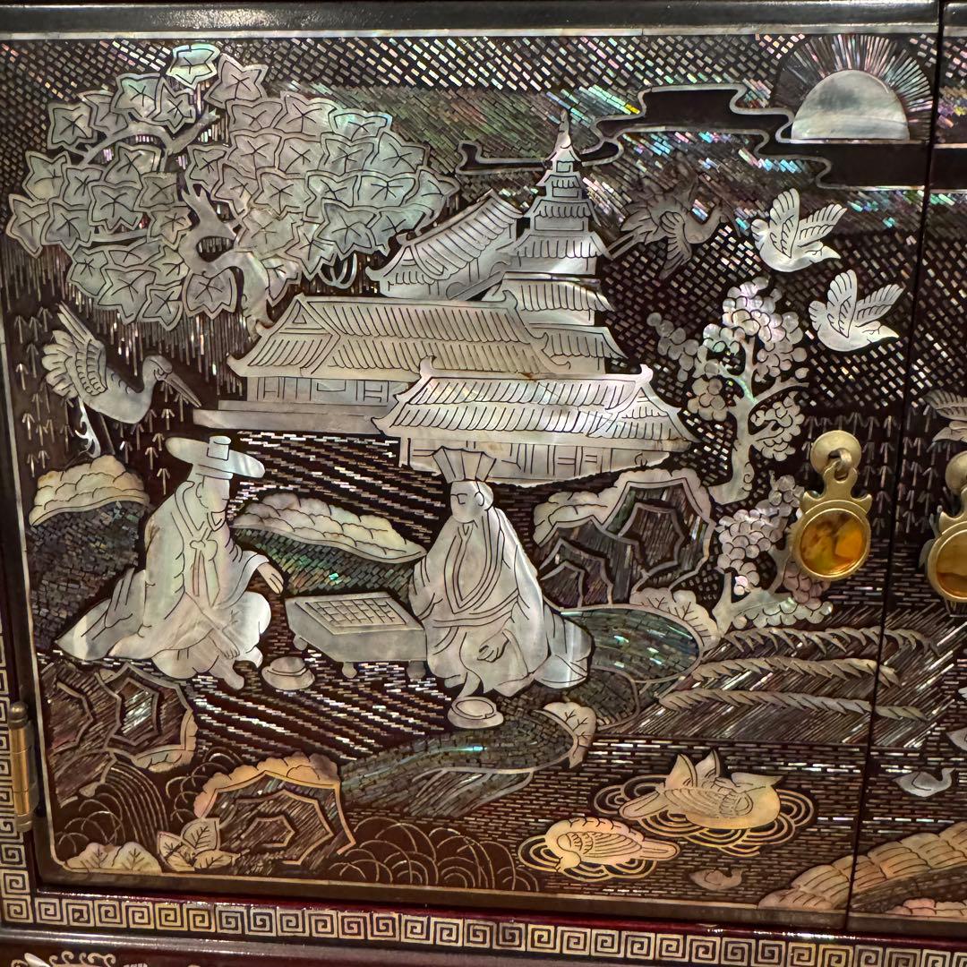 【珍品】豪華 螺鈿細工 観音開き 小物収納 小引出し 漆 鏡面仕上げ 李朝家具