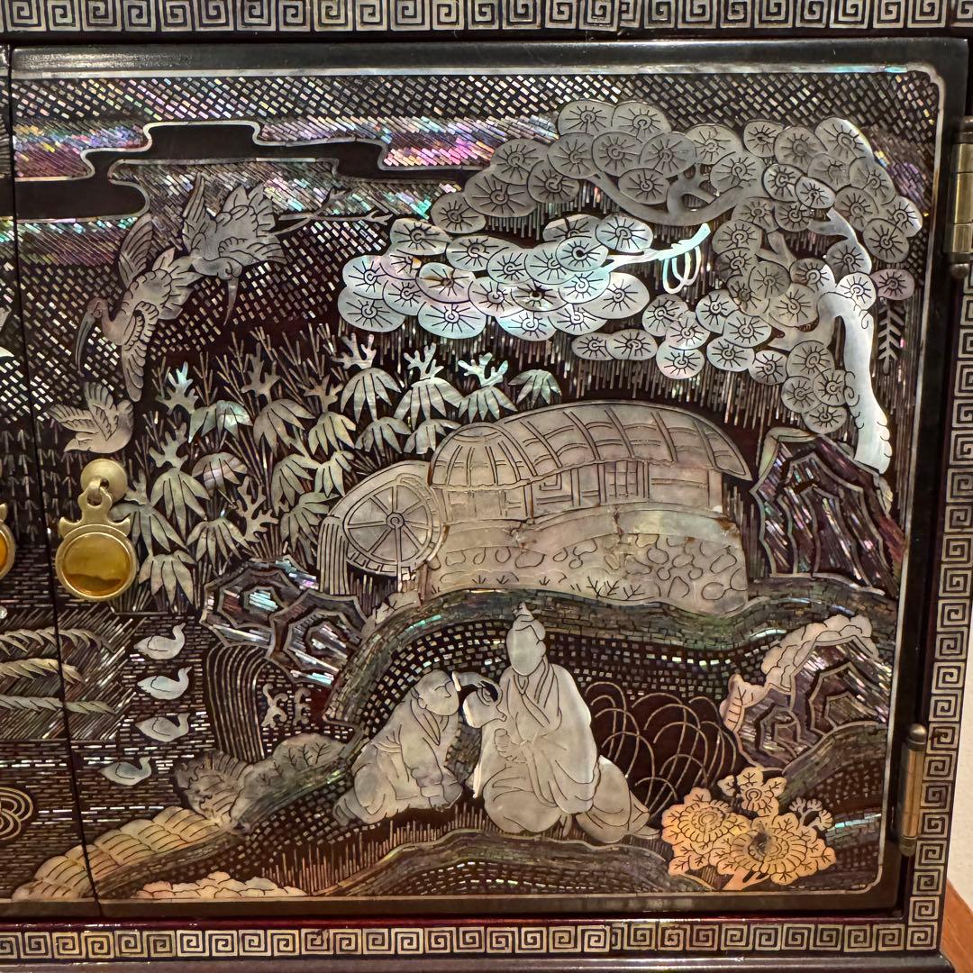 【珍品】豪華 螺鈿細工 観音開き 小物収納 小引出し 漆 鏡面仕上げ 李朝家具