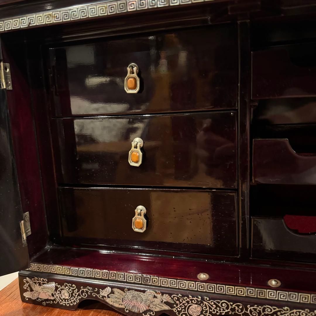 【珍品】豪華 螺鈿細工 観音開き 小物収納 小引出し 漆 鏡面仕上げ 李朝家具
