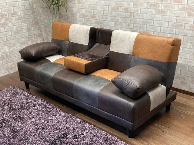 ソファーベッド　小テーブル付き　レザーファブリック　ソファ　新品