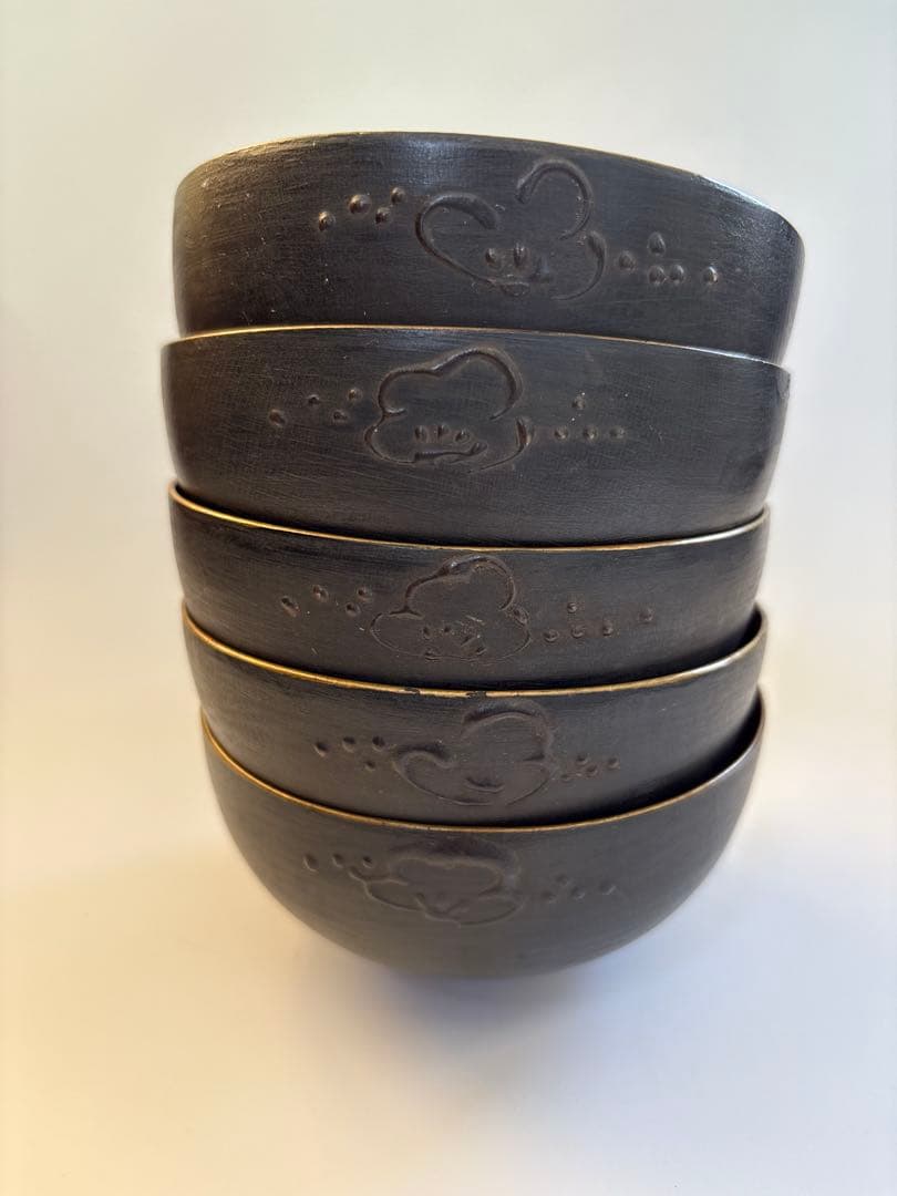 明治、大正期　会津塗　鉄錆塗　蒔絵　富士山　木製　蓋付き　お椀　梅鶯　内朱　5客