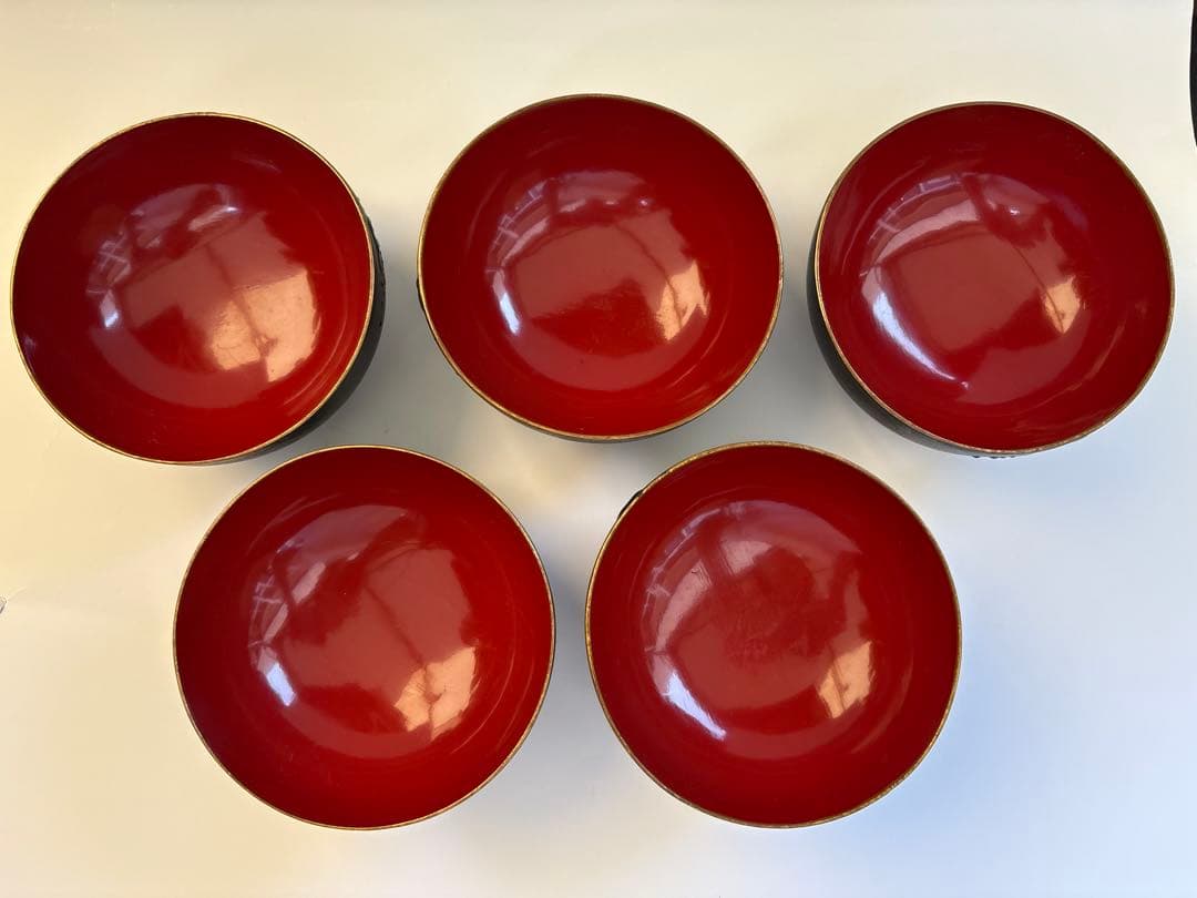 明治、大正期　会津塗　鉄錆塗　蒔絵　富士山　木製　蓋付き　お椀　梅鶯　内朱　5客