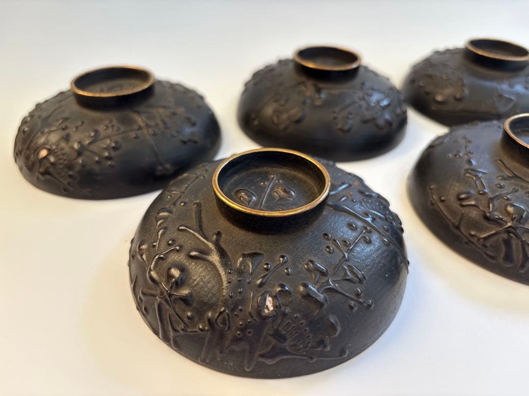 明治、大正期　会津塗　鉄錆塗　蒔絵　富士山　木製　蓋付き　お椀　梅鶯　内朱　5客