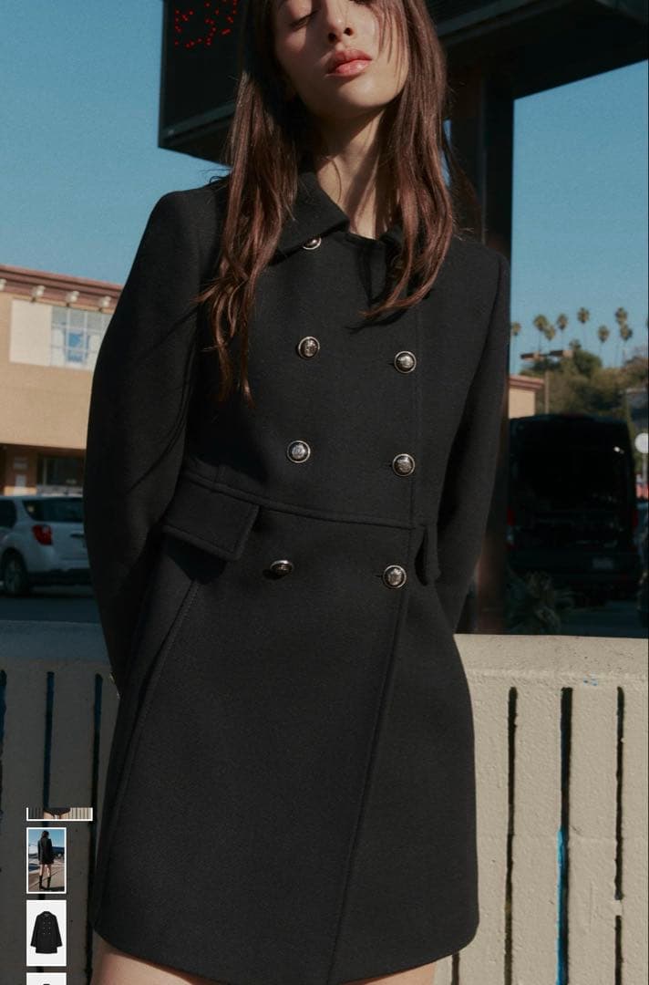 美品 ZARA ウール混紡ショート丈ダブルブレストコート ブラック S タグ付き