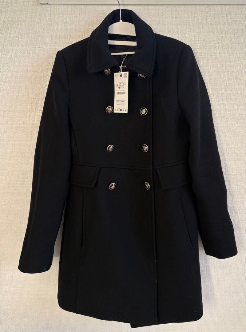 美品 ZARA ウール混紡ショート丈ダブルブレストコート ブラック S タグ付き